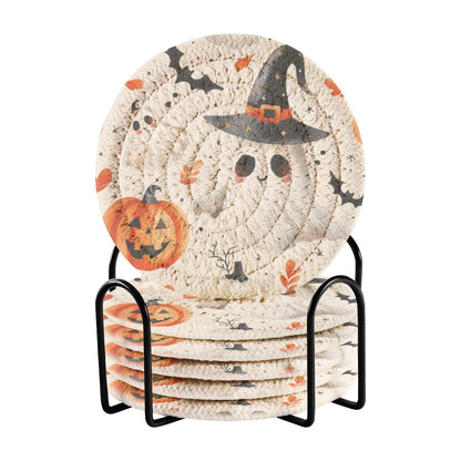 Msyxl Cute Halloween Drink Coasters Set - 6 Pcs Minimalist Woven Coasters with Holder for Home Decor, 3.94 Inch Absorbent Coasters for Drinks