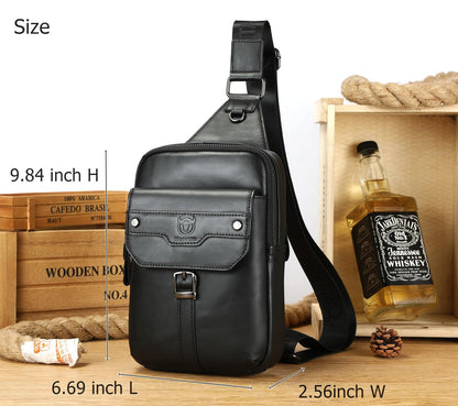 BULLCAPTAIN Men's Leather Samll Crossbody Backpack Sling Chest Bag for Hiking Travel (Black)