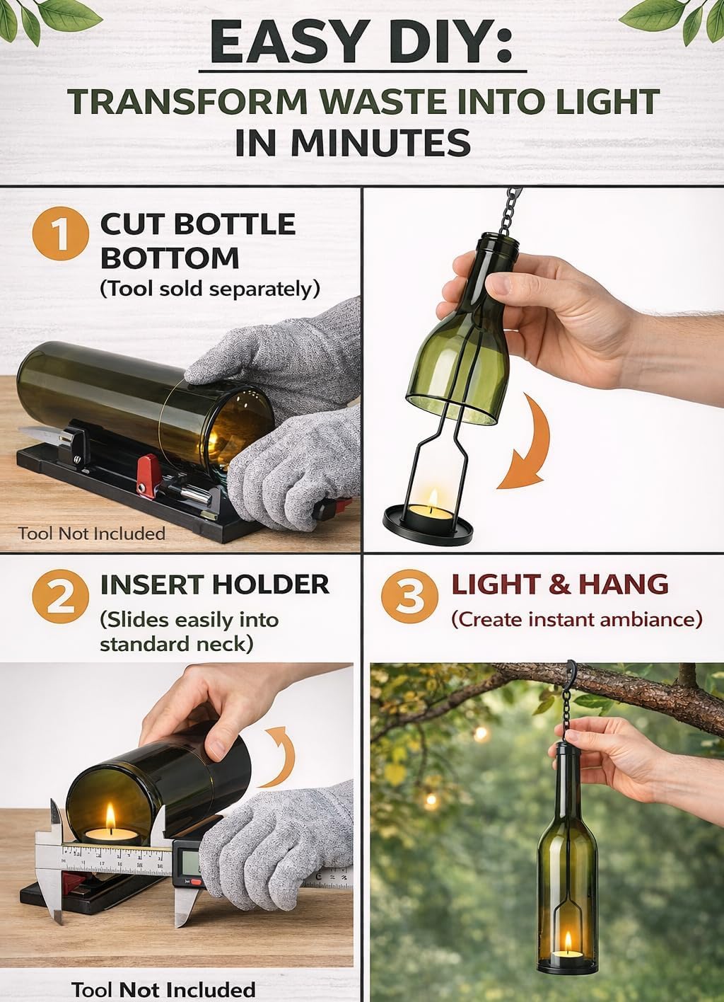AceList 4-Pack Hanging Candle Holder for Cut Glass Bottles – Rustic Black Iron DIY Wine Bottle Lantern for Patio, Wedding, Halloween, Christmas Décor & Gift