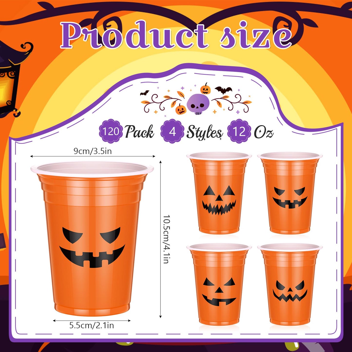 Dandat 120 Pcs 12 oz Halloween Party Plastic Cups Disposable Pumpkin Skull Cups for Halloween Party Favors Supplies Coffee(Classic)