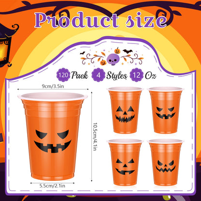 Dandat 120 Pcs 12 oz Halloween Party Plastic Cups Disposable Pumpkin Skull Cups for Halloween Party Favors Supplies Coffee(Classic)