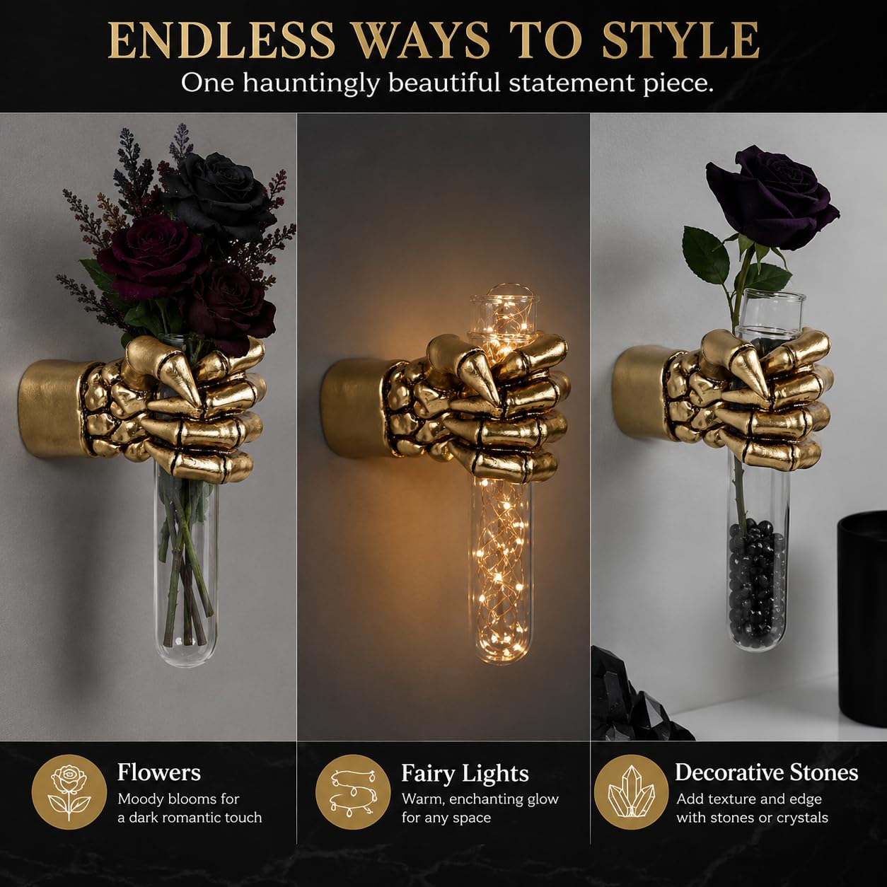 Halloween Wall Sculpture, Wall Mounted Creepy Skeleton Hands, Life-Sized Horror Skeleton Hands Decorations, Gothic Hanging Wall Art Sculpture,Unique Vase,Home Decor (Gold)