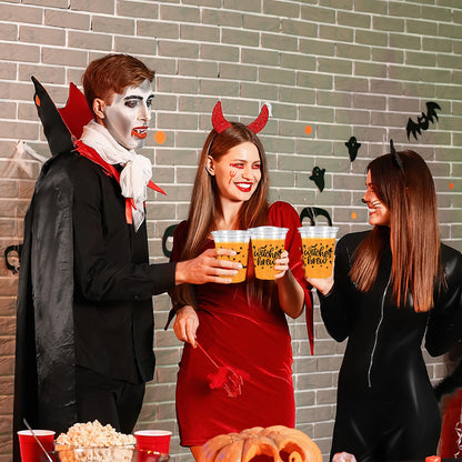 Whaline 50 Pcs 12 Oz Halloween Disposable Cup Witches Brew Plastic Party Cup Bat Clear Glasses for Coffee Juice Drink Party Supplies
