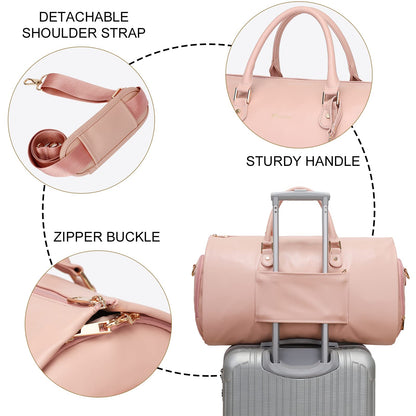 Modoker Women Convertible Leather Garment Bag with Shoulder Strap, Carry on Garment Duffel Bag - 2 in 1 Hanging Suitcase Suit Travel Bags Pink