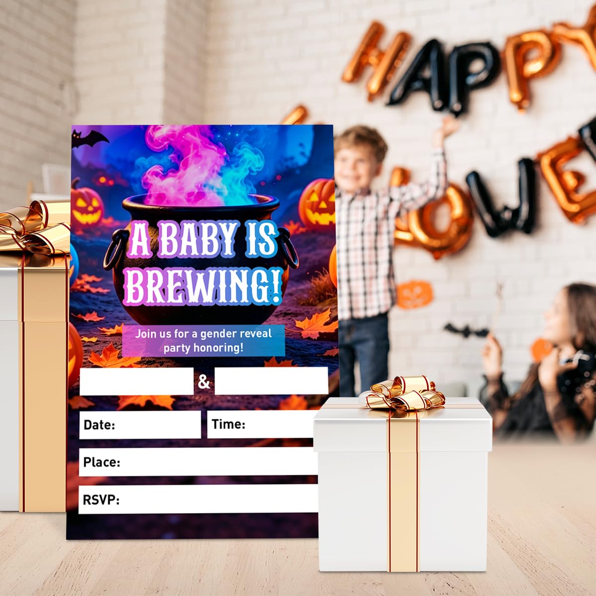 Halloween Gender Reveal Invitation Set of 20, 4"x6" Witch Theme Invites