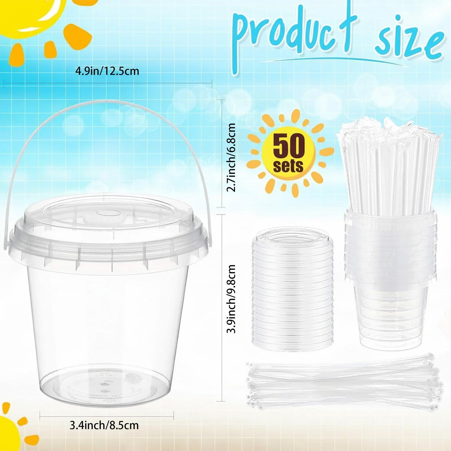 50 Sets 24 oz Clear Plastic Drink Buckets with Lids, Straws and Handles, PP Disposable Cups for Smoothies, Ice Cream, Outdoor Travel, Beach, Pool and Party Supplies