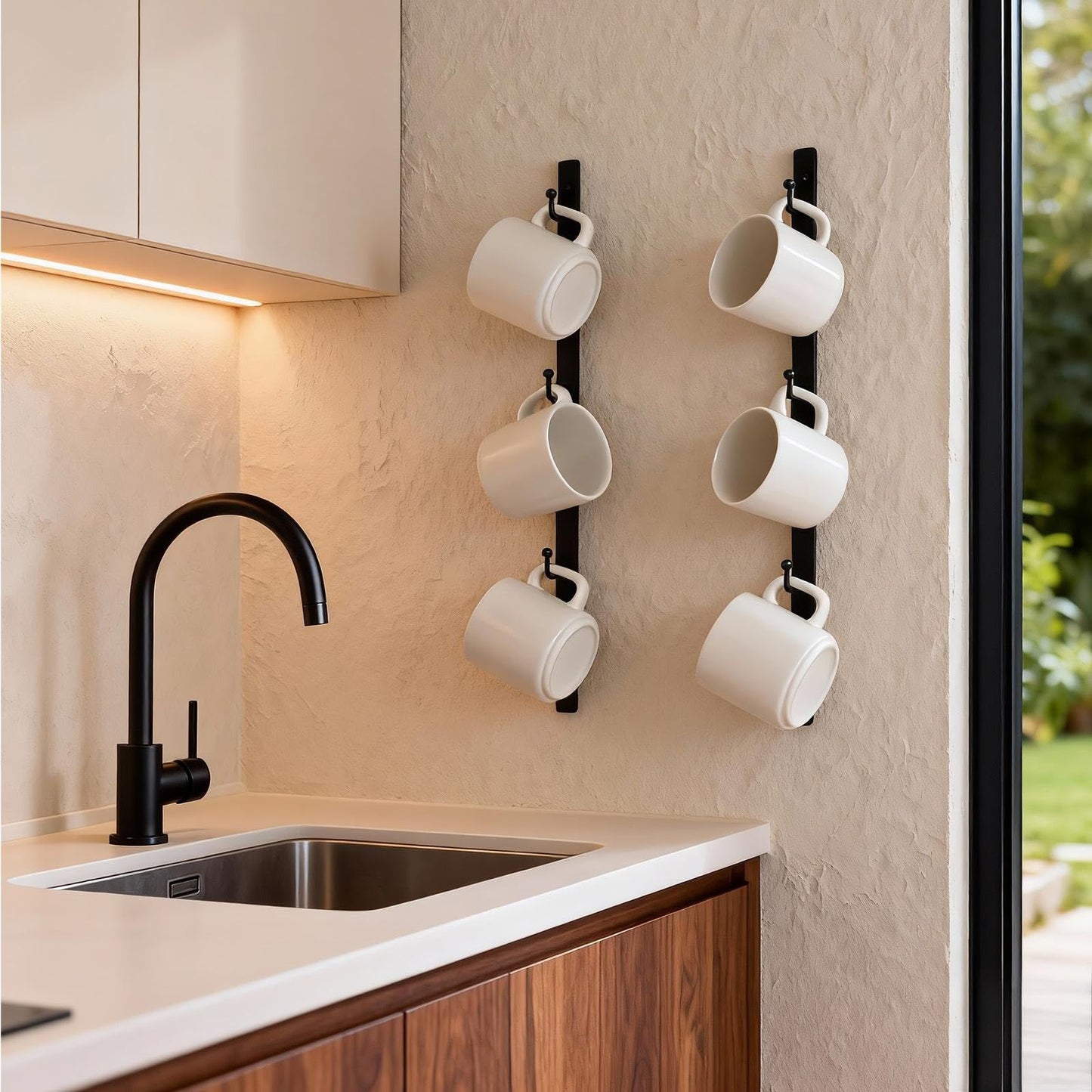 Yohsnor Coffee Mug Rack Set of 2 - Stylish Black Iron Coffee Cup Holder with 6 Hooks, Mounted Shelf for Kitchen & Office, Space-Saving, Easy to Install, Durable & Sturdy Hanger Racks