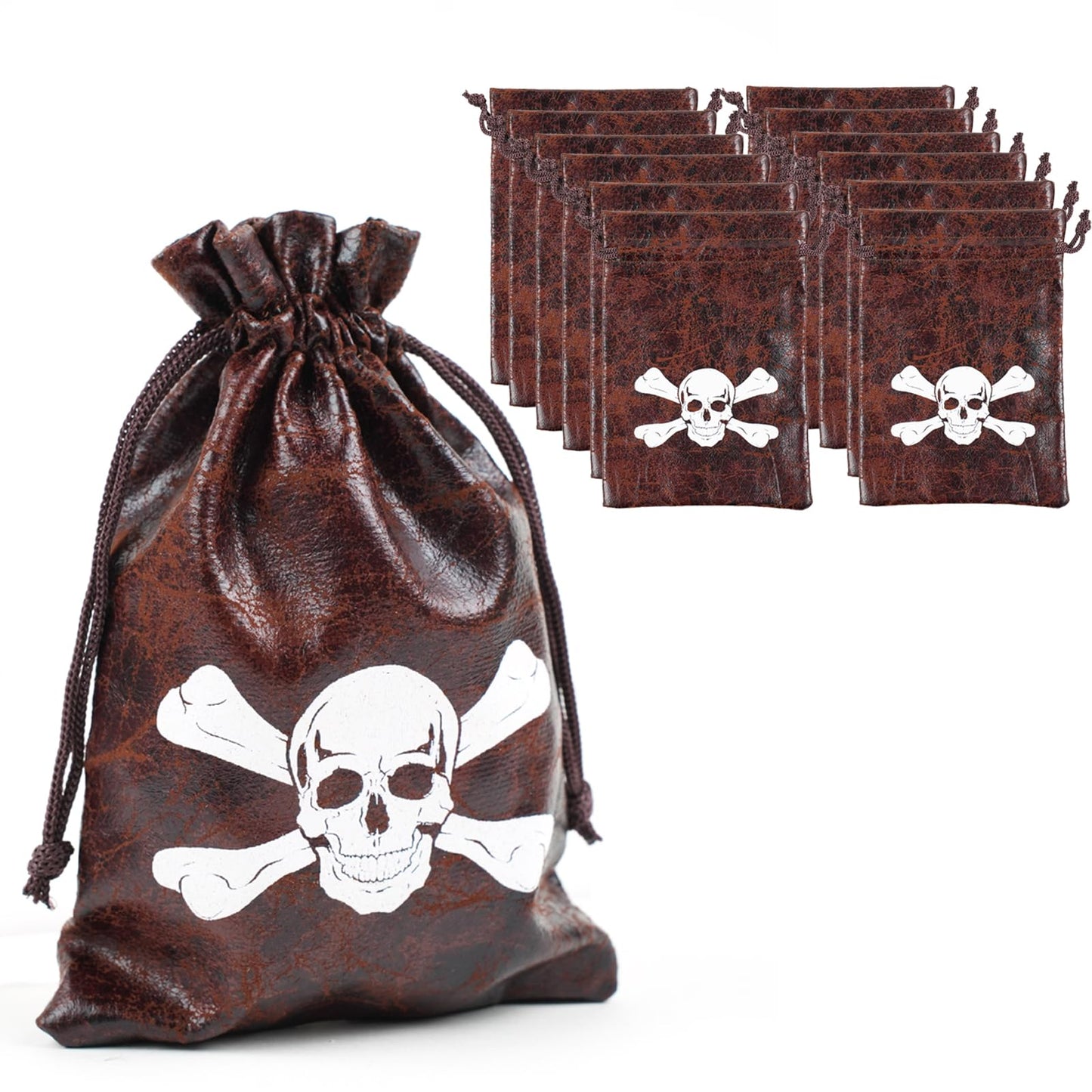 Jopffol 12 Pcs Pirate Loot Bags Goodie Bag with Drawstring,Faux Cow Skin Pirate Treasure Bags for Birthday Party Favors Supplies,Dice Bag Accessories for Party Decorations