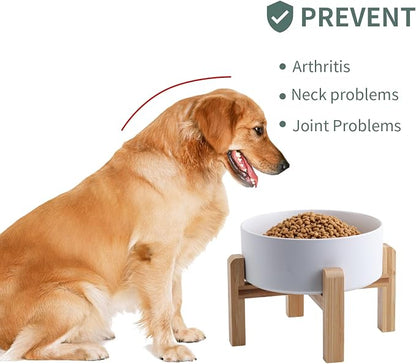 Elevated/Raised Ceramic Dog Bowl with Bamboo Stand (White, 3.6Cup)