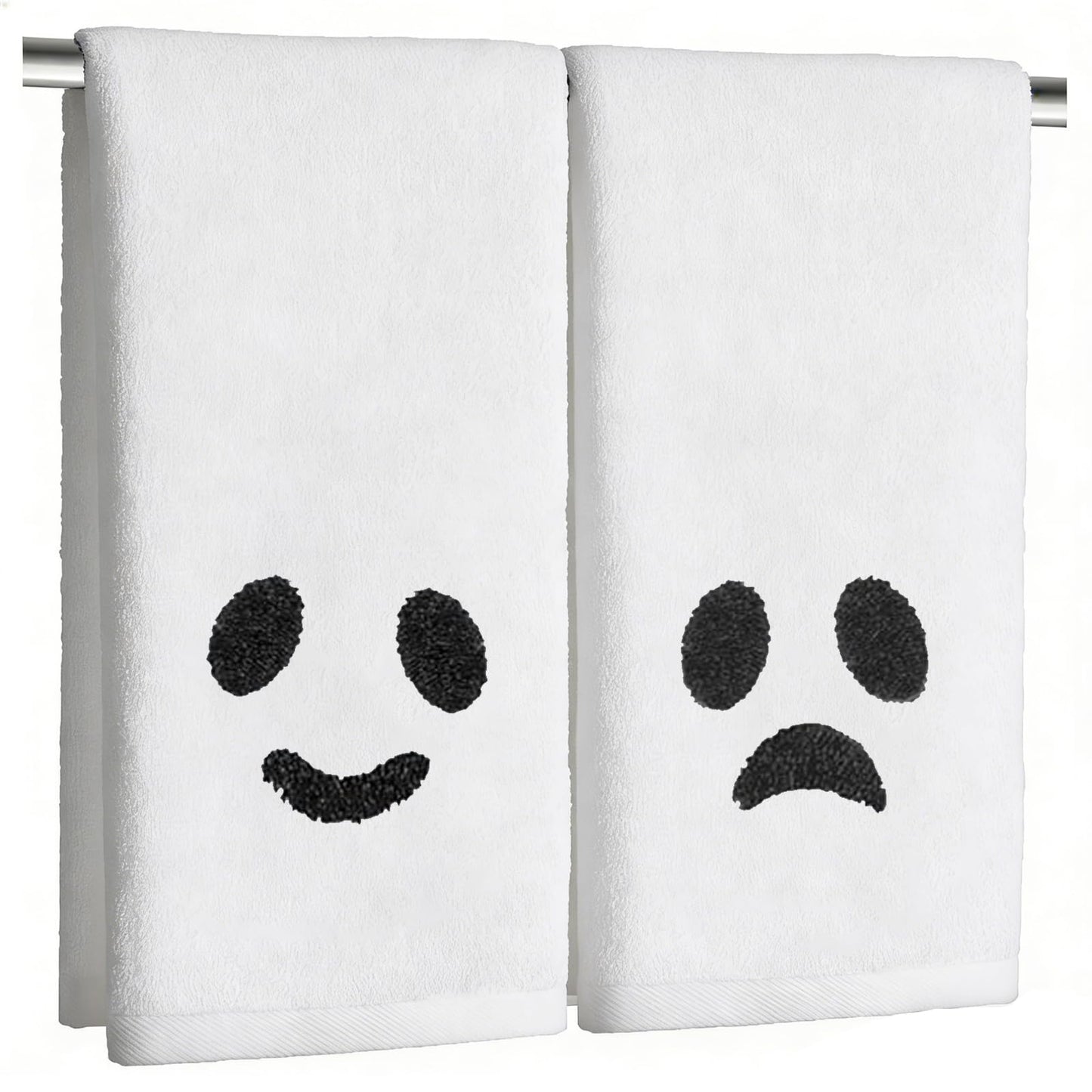 JarThenaAMCS 2 Pack Halloween Hand Towels Embroidered Black White Ghost Face Cotton Dish Towel for Bathroom Hand Drying Kitchen Cleaning Towel Gift Set, 28.3 x 12.6 Inch