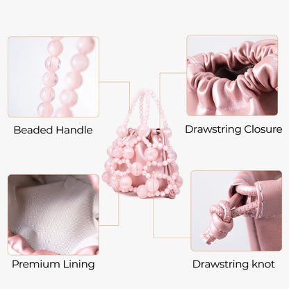 frrbuu Pink Beaded Handbag, Drawstring Closure with Beaded Handle, Detachable Silver Chain Strap, Mini Crossbody Bag