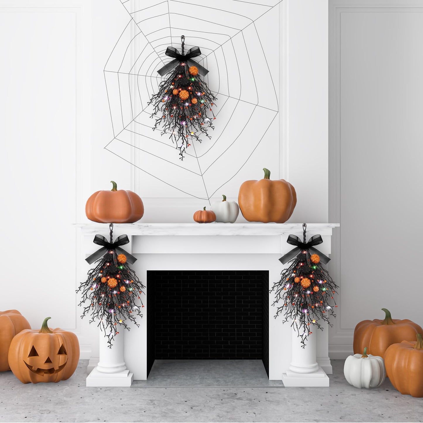 2 PCS Halloween Wreaths Halloween Floral Teardrop Swags Hanging Swag Plants Black Garland with Pumpkin Berries and 9.8ft Lights for Indoor Outdoor Party Wall Home Room Fireplace Porch Window Decor
