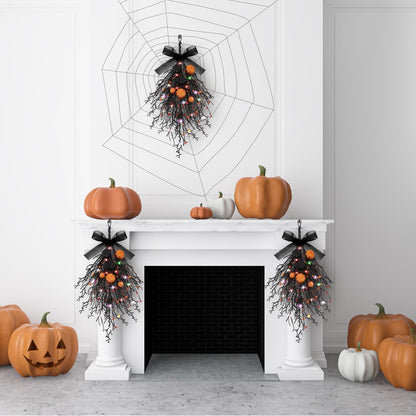 2 PCS Halloween Wreaths Halloween Floral Teardrop Swags Hanging Swag Plants Black Garland with Pumpkin Berries and 9.8ft Lights for Indoor Outdoor Party Wall Home Room Fireplace Porch Window Decor