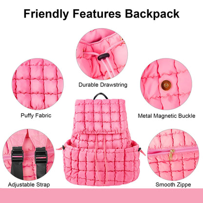 XSUIOY Quilted Backpack Purse for Women Small Lightweight Puffer Puffy College Laptop Backpack Nylon Casual Bookbag Daypack Top Flap Drawstring Padding Hiker Travel Gym Backpack(Pink)