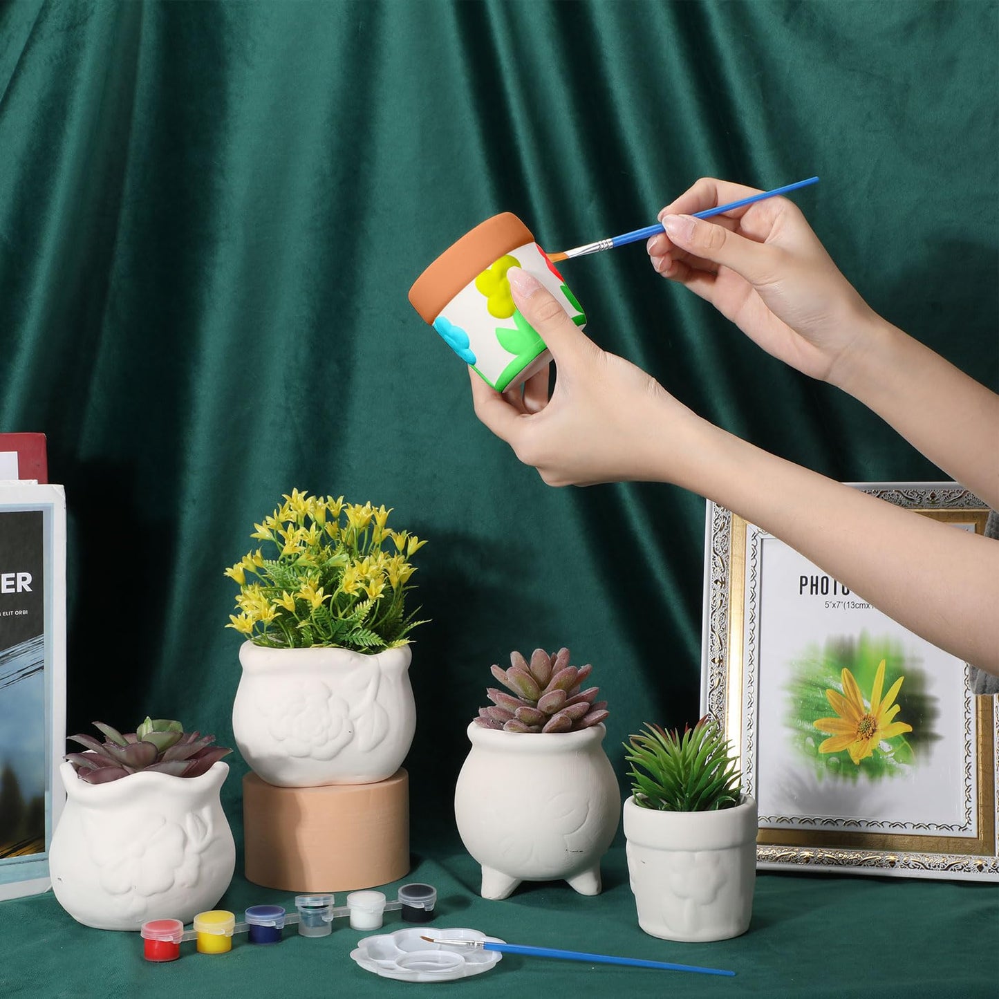 Hushee 12 Pcs Ceramic Succulent Planters White Ceramic Pots Paintable Succulent Plant Planters Containers Small DIY Figurines Unpainted Pots with Drainage Hole Paintbrushes Palettes(Flower)