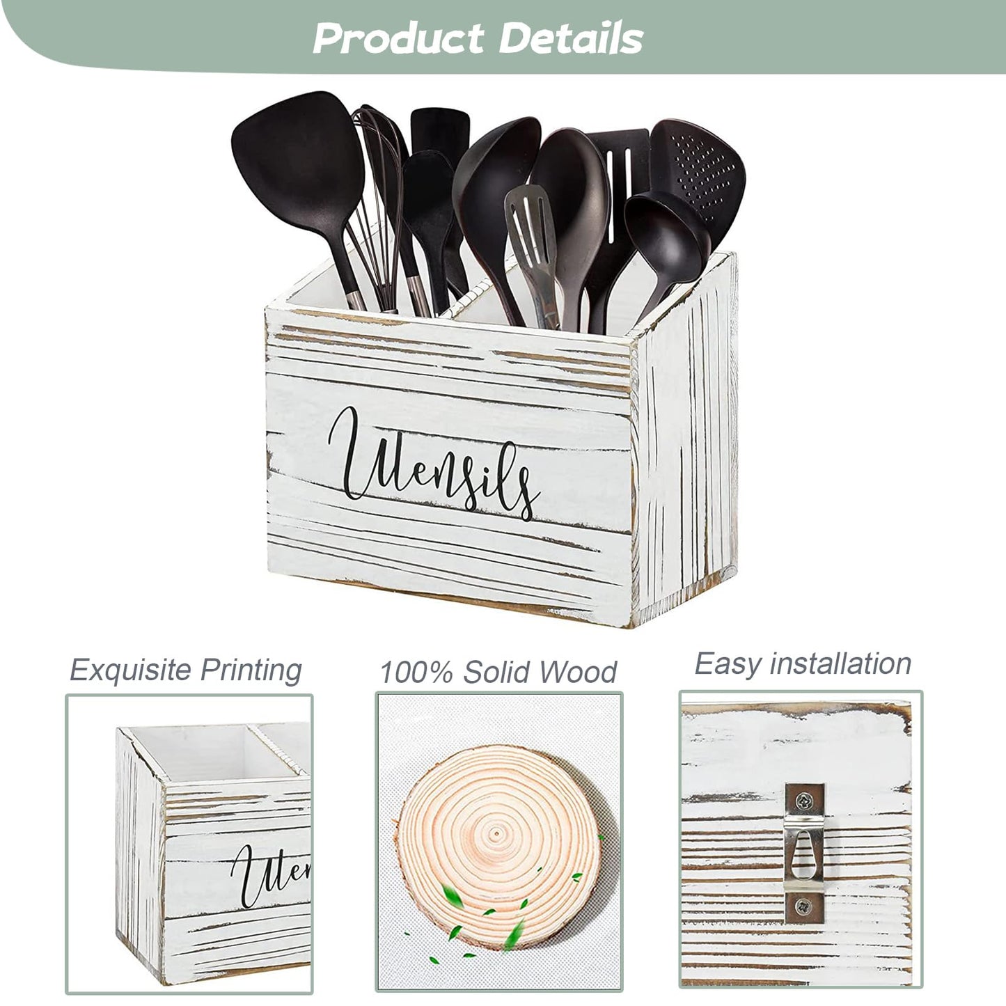Pyzalar Utensil Holder with 2 Compartments, Utensil Caddy for Kitchen Counter, and Storage for Silverware Fork Spoon Spatula (White)