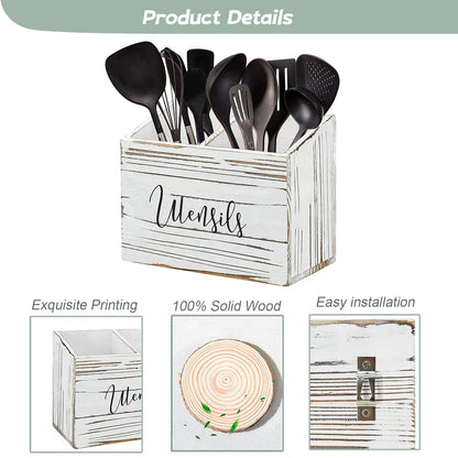 Pyzalar Utensil Holder with 2 Compartments, Utensil Caddy for Kitchen Counter, and Storage for Silverware Fork Spoon Spatula (White)