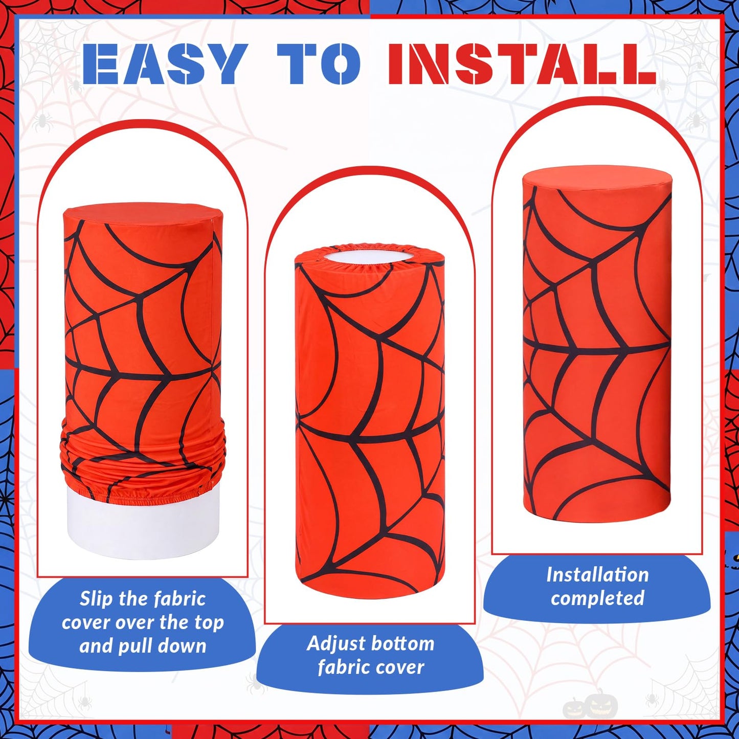Moukeren 5 pcs Spiderweb Themed Cylinder Pedestal Stand Covers Spandex Plinth Red Blue Cylinder Stand Cover for Spider Web Theme Party Birthday Baby Shower Event Decor