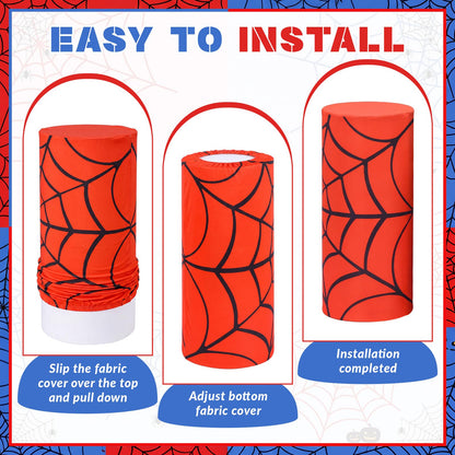 Moukeren 5 pcs Spiderweb Themed Cylinder Pedestal Stand Covers Spandex Plinth Red Blue Cylinder Stand Cover for Spider Web Theme Party Birthday Baby Shower Event Decor