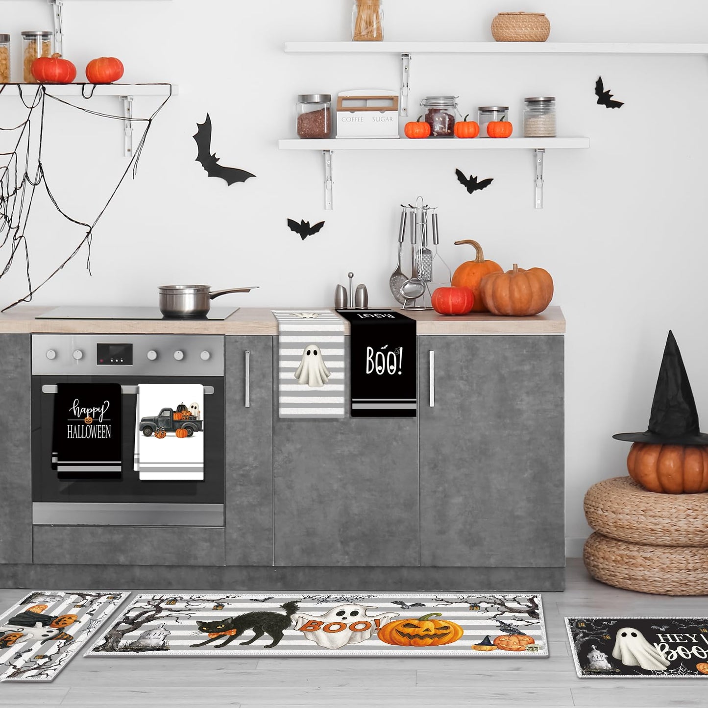Teenyyou 11 Pcs Halloween Kitchen Mats Oven Mitts Towels and Pot Holders Set Hey Boo Rugs Ghost Kitchen Towels Pot Holders Pumpkin Oven Mitts for Halloween Home Cooking Decor Party Gift