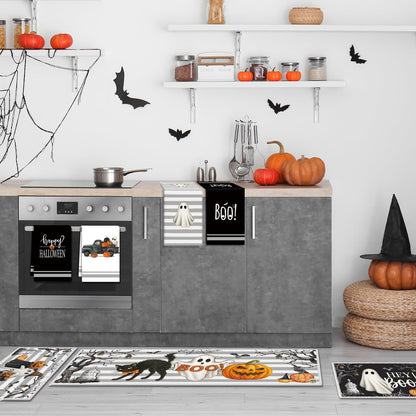 Teenyyou 11 Pcs Halloween Kitchen Mats Oven Mitts Towels and Pot Holders Set Hey Boo Rugs Ghost Kitchen Towels Pot Holders Pumpkin Oven Mitts for Halloween Home Cooking Decor Party Gift
