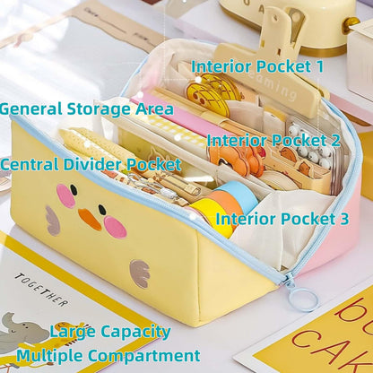 VTYFRY Cute Kawaii Pencil Case Pouch with Handle Cartoon Animal Large Capacity Pen Box Holder Organizer for Office Workspace Supplies Desk Accessories Travel Essentials Trendy Gift (Yellow Duck)