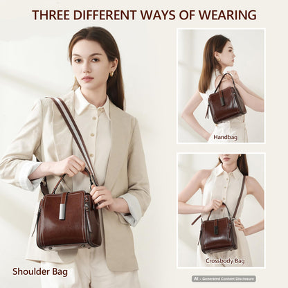 MoreFarther Genuine Leather Crossbody Bags for Women, Designer Leather Purses Bucket Shoulder Bag with Adjustable Straps(Coffee)