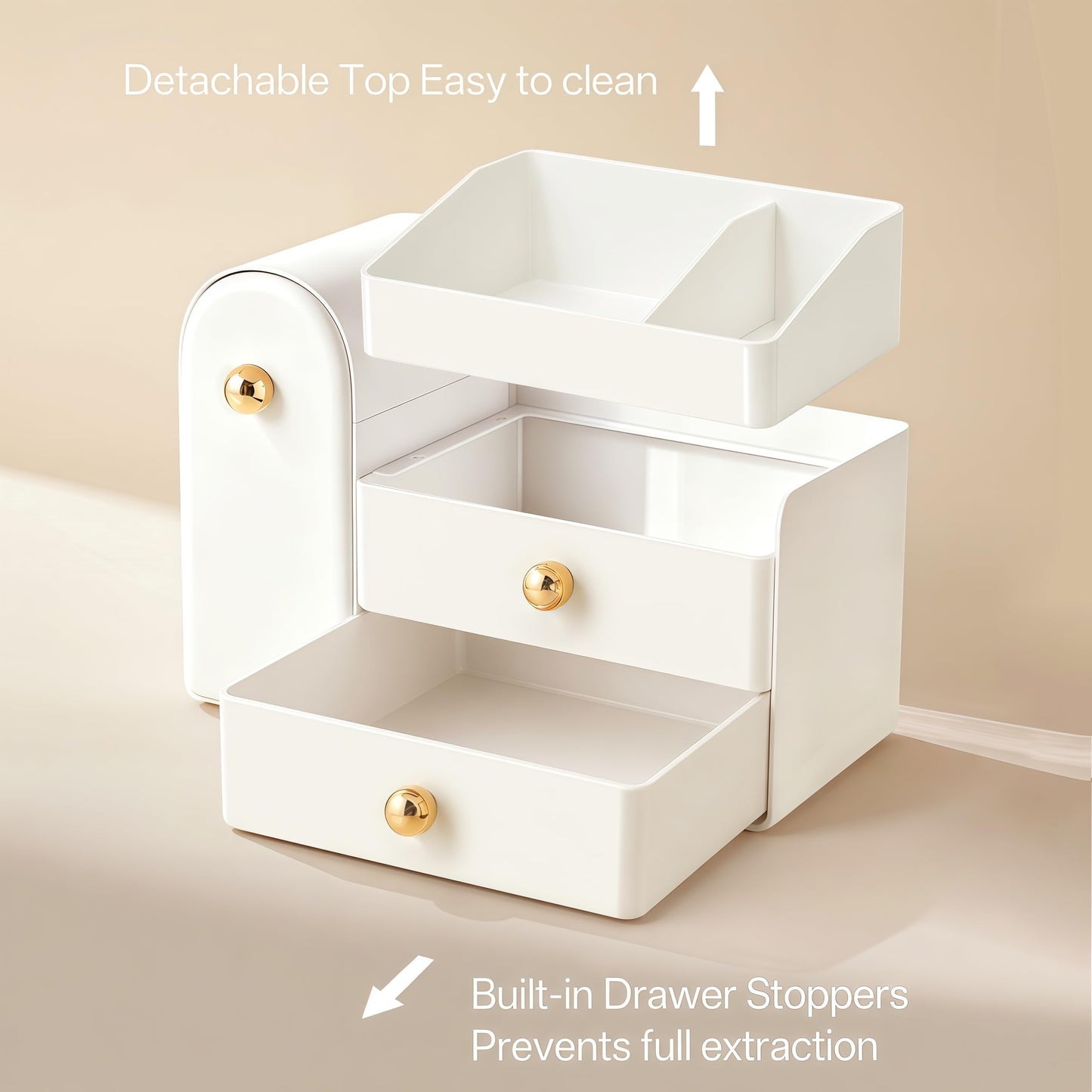 HBlife Makeup Organizer Countertop with Drawers, Vanity Organizers with Brush Holder, Bathroom Counter Organizer for Perfume, Nail Polishes, Lipsticks, Skincare and Eyeshadow Palettes, White