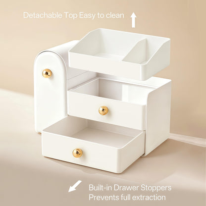 HBlife Makeup Organizer Countertop with Drawers, Vanity Organizers with Brush Holder, Bathroom Counter Organizer for Perfume, Nail Polishes, Lipsticks, Skincare and Eyeshadow Palettes, White