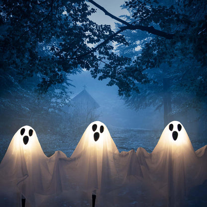 DECORLIFE 3 Packs Halloween Outdoor Decorations, White Ghost Stakes with Light up, 22" Halloween Yard Decorations with Poseable Arms for Lawn, Garden, Trick or Treating