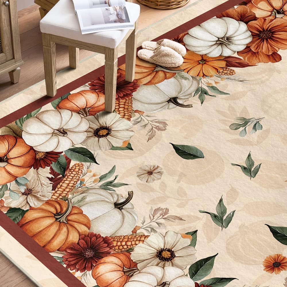 Artoid Mode Pumpkins Floral Corns Fall Area Rug, Autumn Thanksgiving Home Decor Non Slip Washable Area Rug for Entryway Bedroom Living Room Laundry Room Indoor 5x7 Feet