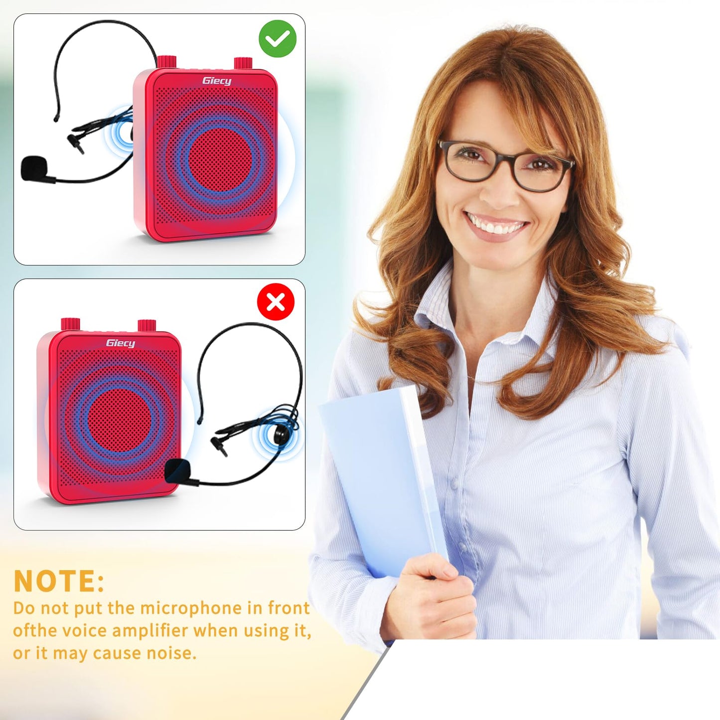 Giecy Voice Amplifier, Giecy 30W 2800mAh Rechargeable Personal Voice Amplifier with Microphone Headset, Portable Speaker for Multiple Locations Classroom, Meetings and Outdoors