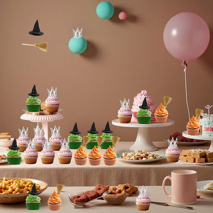 XLENGO 18 Pcs Witch Birthday Cupcake Toppers, Witch Hat Cake Topper Crown and Broom Cake Decorations for Witch Themed Birthday Party Supplies