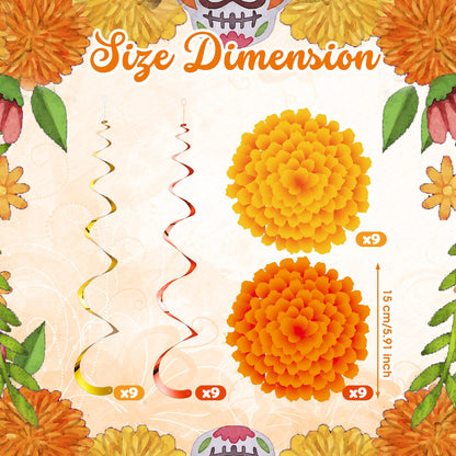 Trandraft 36 Pcs Marigold Flower Diwali Decorations Day of The Dead Dia De Los Muertos Marigold Flower Decorations Hanging Streams Swirls for Home Pooja Indian Varalakshmi Altar Ofrenda Decor
