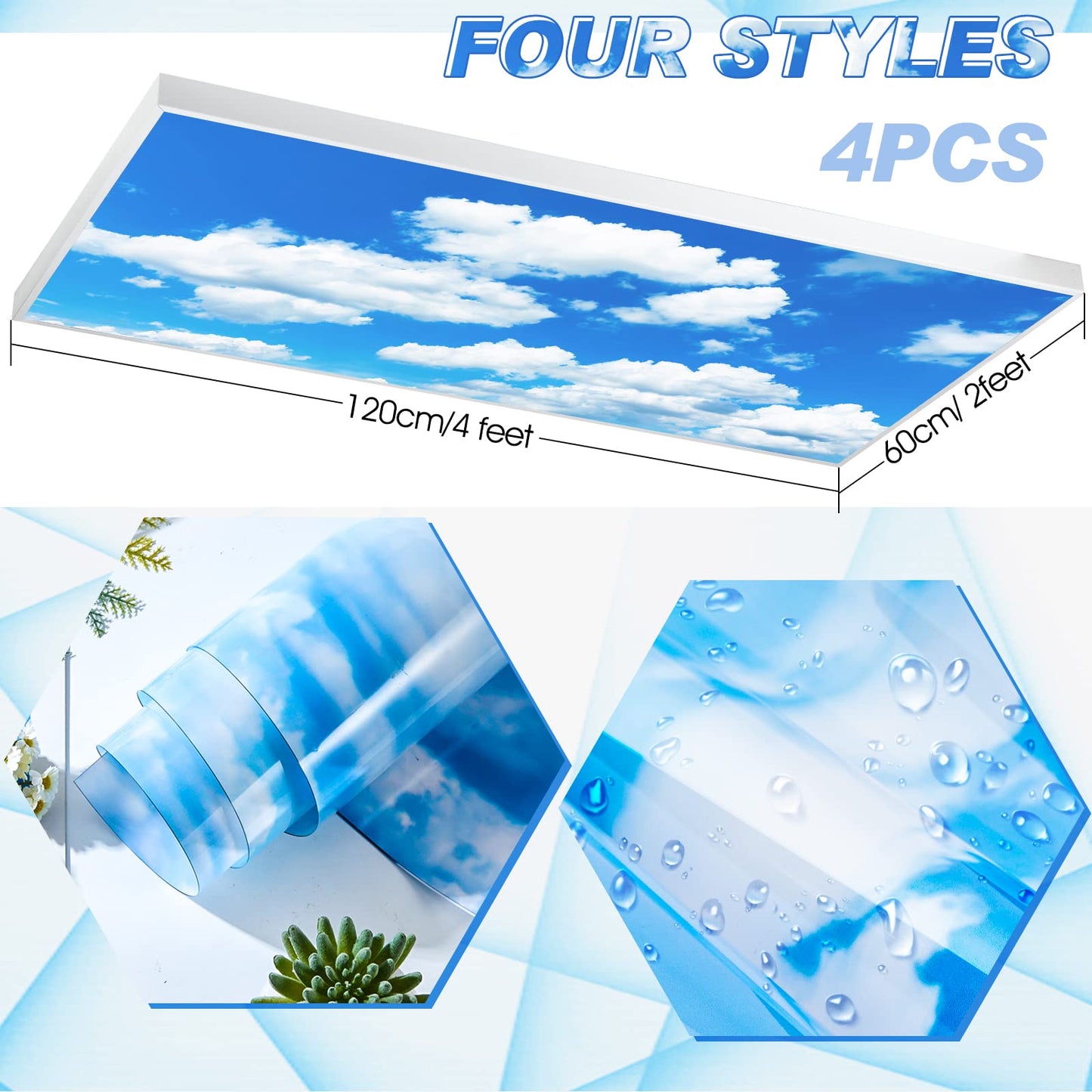 Amylove 4 Pcs Fluorescent Light Covers Classroom Ceiling Panels Light Filters with Backlit Film Material for Office School, 4 x 2 Feet (White, Blue,Cloud)