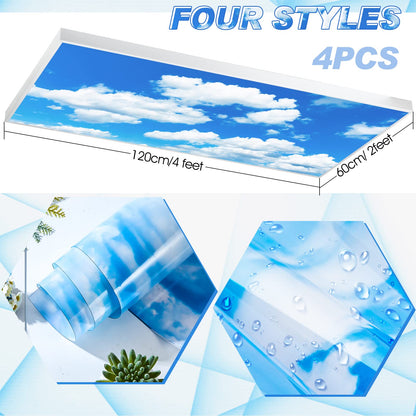 Amylove 4 Pcs Fluorescent Light Covers Classroom Ceiling Panels Light Filters with Backlit Film Material for Office School, 4 x 2 Feet (White, Blue,Cloud)