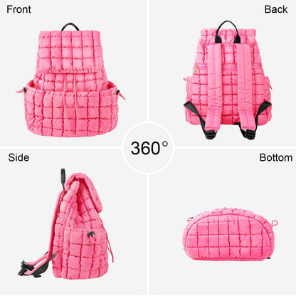 XSUIOY Quilted Backpack Purse for Women Small Lightweight Puffer Puffy College Laptop Backpack Nylon Casual Bookbag Daypack Top Flap Drawstring Padding Hiker Travel Gym Backpack(Pink)