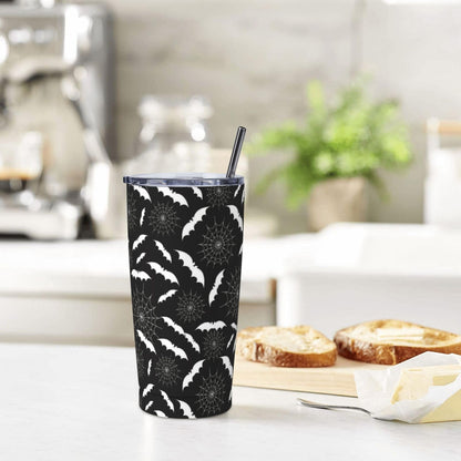 YIKISSKID Halloween Bats 20oz Tumbler with Lid and Straw for Women Men, Halloween Spider Web Insulated Mug White Bat Spider Web Stainless Steel Tumbler Double Wall Vacuum Travel Mug Coffee Cup