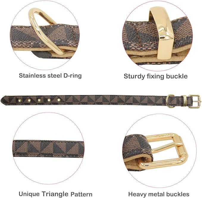 Leather Dog Collar and Leash Set, Check Pattern Dog Collar Leashes Metal Buckle Adjustable Durable for Small Medium Large Dogs (Brown, M(11.8-15IN))