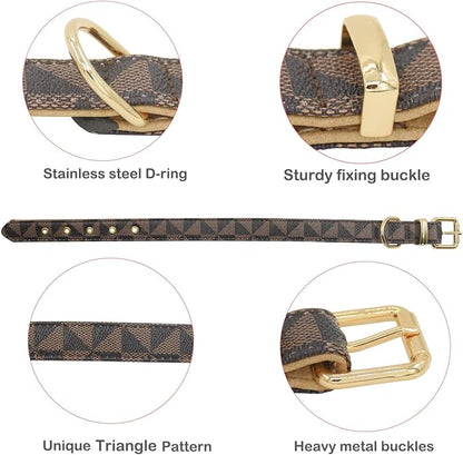 Leather Dog Collar and Leash Set, Check Pattern Dog Collar Leashes Metal Buckle Adjustable Durable for Small Medium Large Dogs (Brown, M(11.8-15IN))