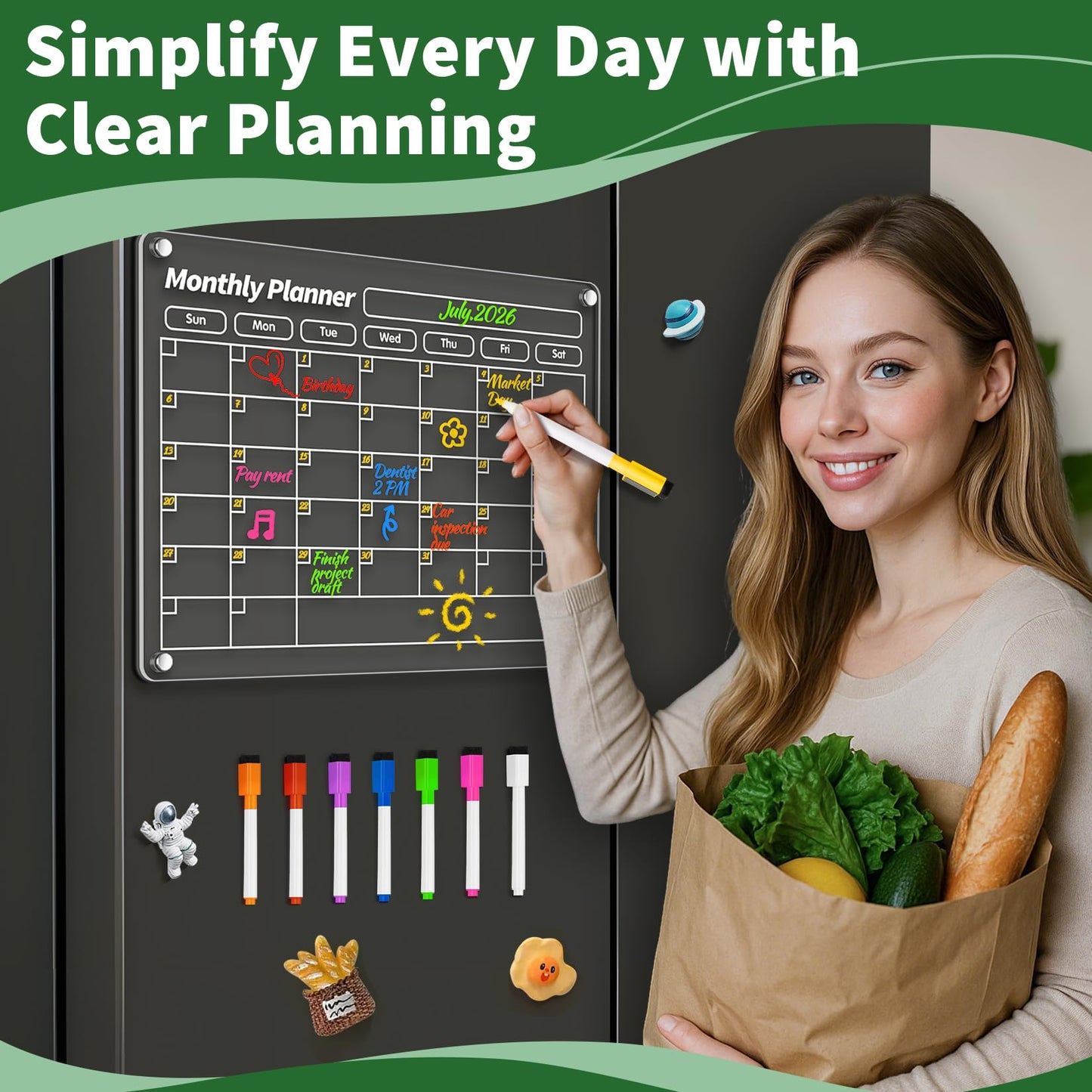 FINDMAG Acrylic Magnetic Dry Erase Board Refrigerator Calendar, 16"x12" Calendar Whiteboard for Wall, Set of 3 Transparent Magnetic Dry Erase Board for Monthly Weekly Daily Menu Planner Whiteboard