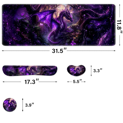 Desk Pad and Keyboard Wrist Rest, Large Mouse Pad + Keyboard Pad+Mouse Wrist Support, Non-Slip Desk Mat Protector for Office, Home 31.5×11.8 Inches Anime Dragon