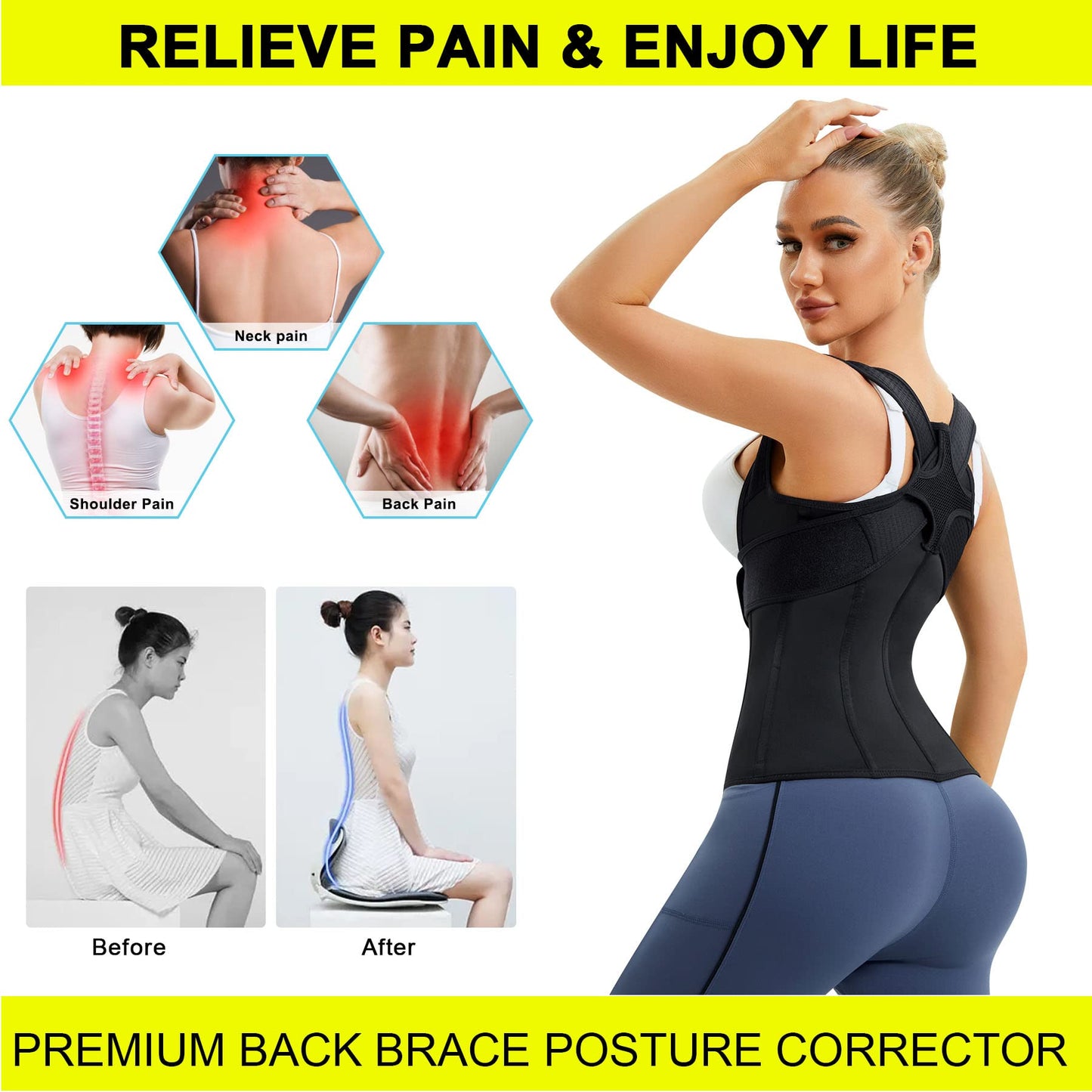 URSEXYLY Back Brace For Women Waist Trainer Vest Tummy Control Body Shaper Back Straightener Posture Corrector Spinal Neck Shoulder Support Adjustable Posture Trainer(M,Black)