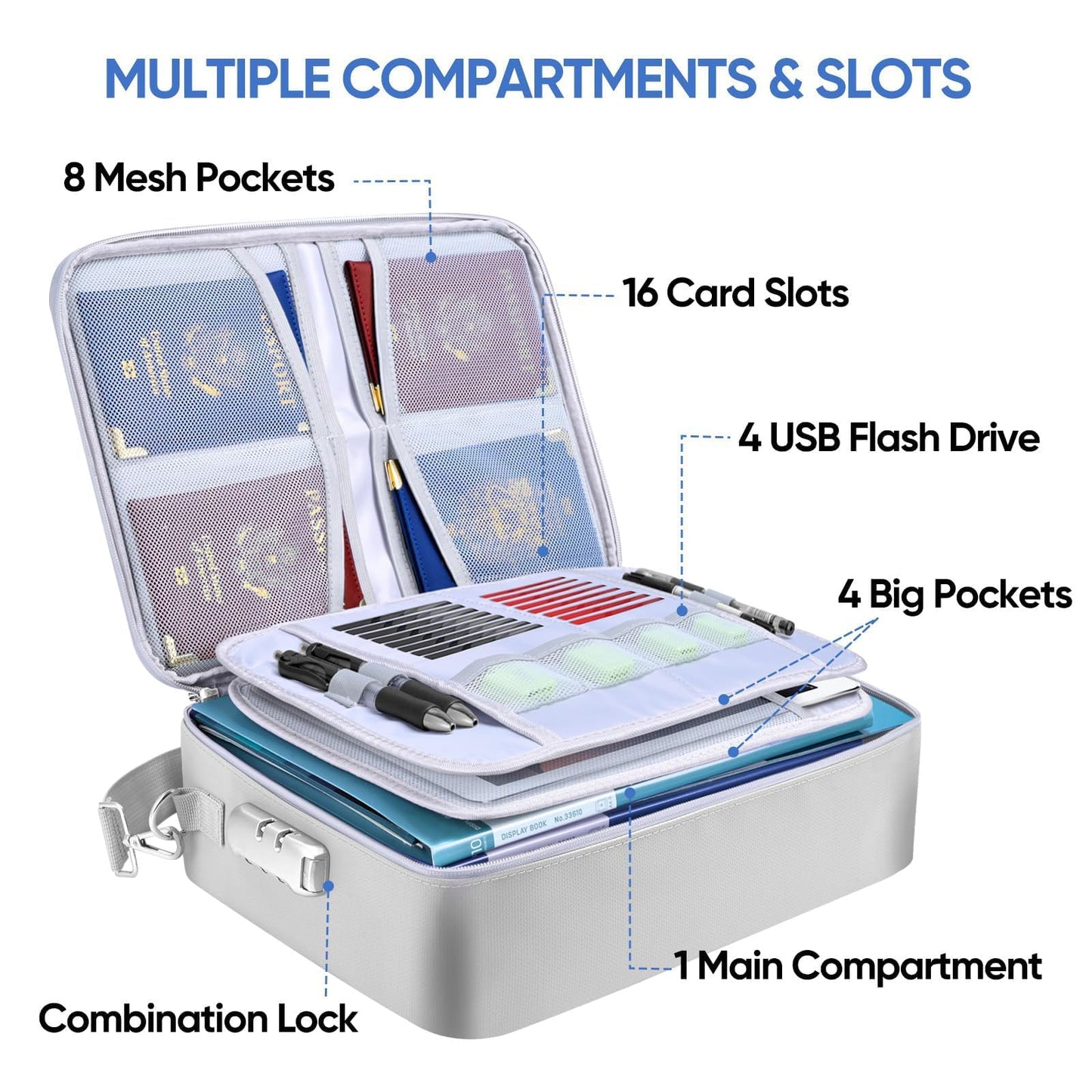 BALEINE Fireproof Document Box with Lock, Portable Fireproof Document Bag Waterproof Fire Proof File Boxes for Documents, File Organizer Box for Important Paperwork (Silver, 15''x11''x4'')
