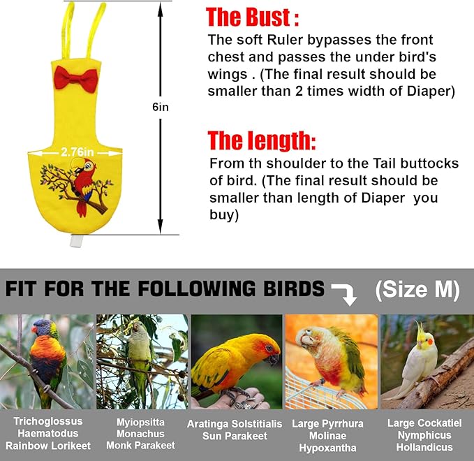 Bird Diaper Reusable Birds Flight Suit Nappies Protective Breathable Washable Parrot Diapers Nappy Clothes for Parakeet Parrot Budgie Canary Budgie Cockatiel(Yellow, Medium)