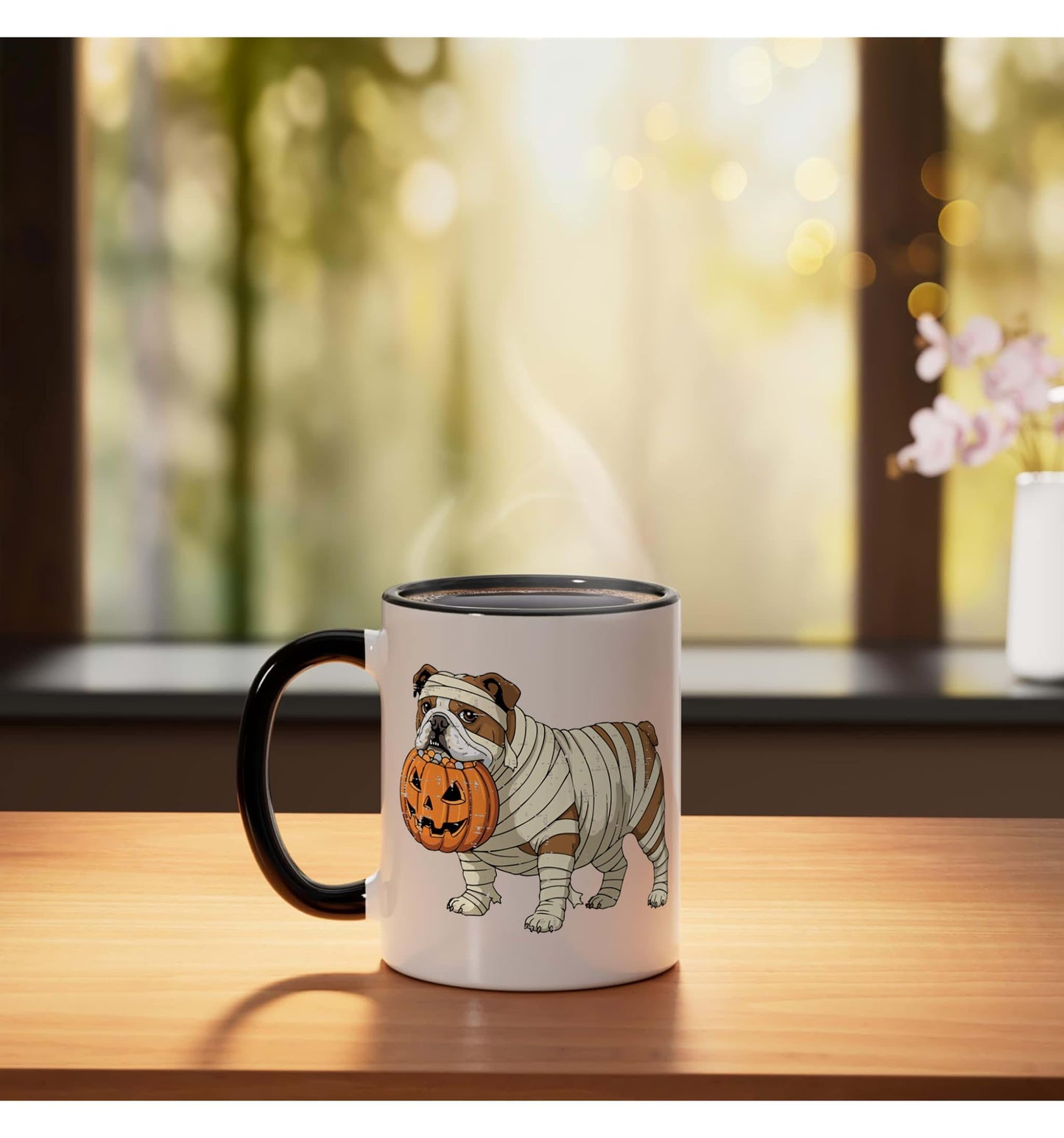 Halloween Dog English Bulldog Mummy Costume Men Women Kids Ceramic Mug, Black/White