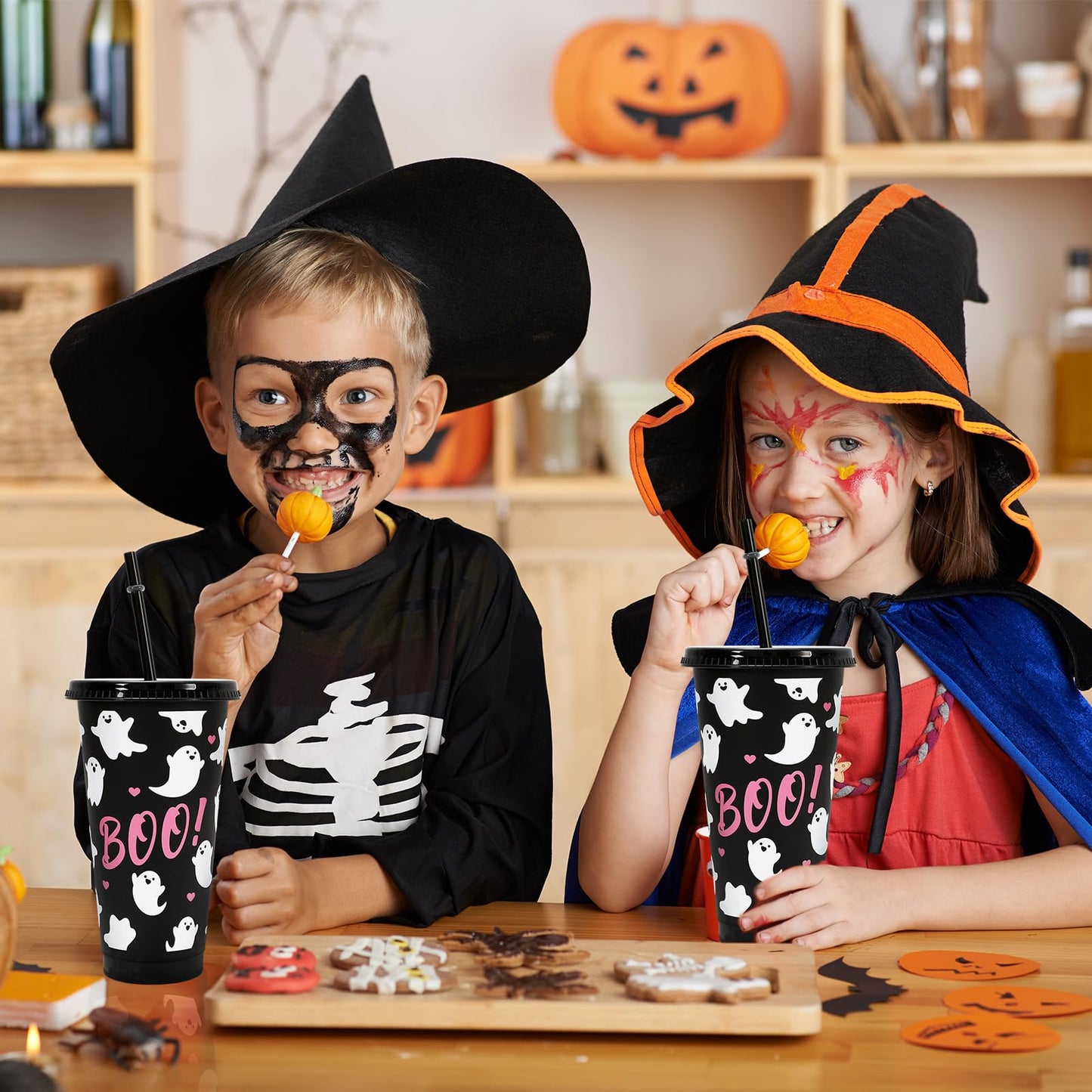JarThenaAMCS 12Pcs Halloween Plastic Cups with Straw and Lid Cute Ghost Tumbler 24oz Boo Plastic Cups for Cold Drinks Halloween Decoration Party Favors