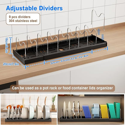 Mustorn Pots and Pans Organizer Under Cabinet, 22" Expandable Food Storage Container Lid Organizers with 9 Adjustable Dividers Pot and Pan Lid Holders Rack Inside Cabinet/Countertop(1 Pack, Black)