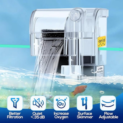 LAQUAL 5 Gallon Aquarium Filter with Surface Skimmer, Small Quiet Fish Tank Filter, Biochemical Cotton Filtration & Adjustable Water Flow, Waterfall Design for Increasing Oxygen, Hang on Back Filter