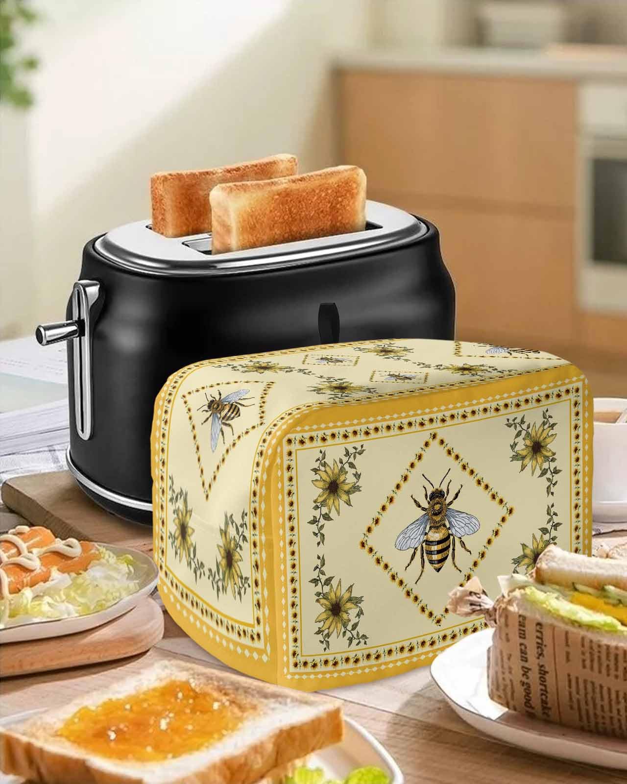 Summer Bee Toaster Cover 4 Slice, Large Kitchen Appliance Covers, Yellow Lace Farmhouse Sunflower Rustic Toaster Oven Cover with Loop, Bread Machine Cover Polyester Dust Cover Protection